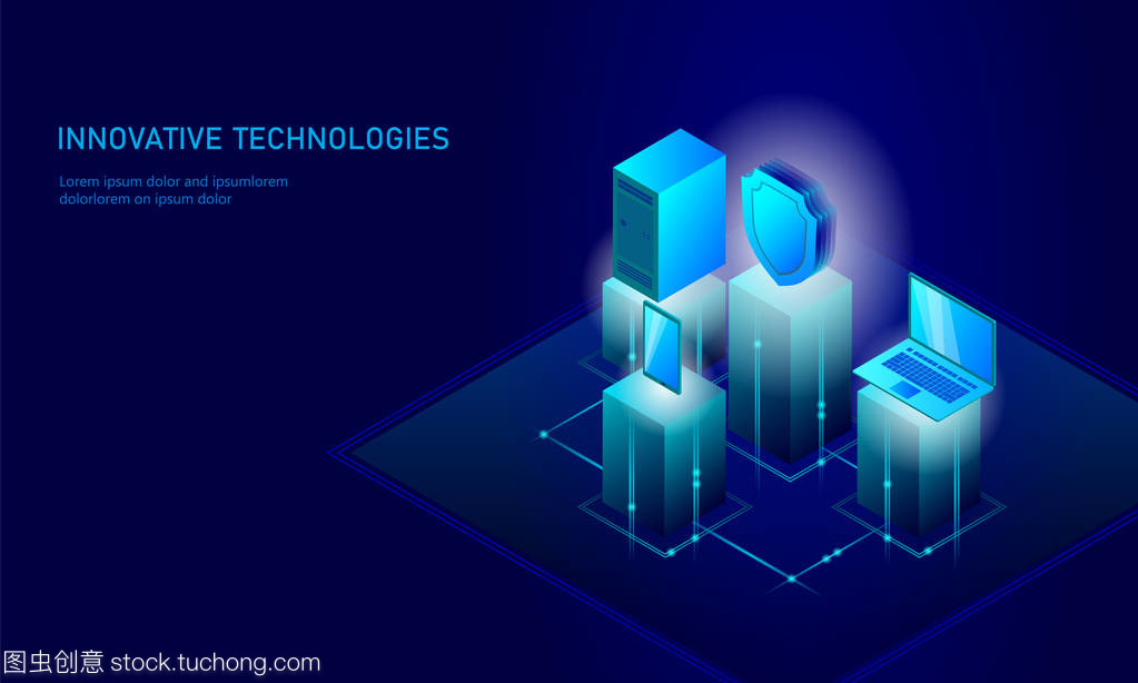 等距互聯網安全盾的經營理念。藍色發光等距個人信息數據連接 pc 智能手機未來技術。3d 圖表矢量圖